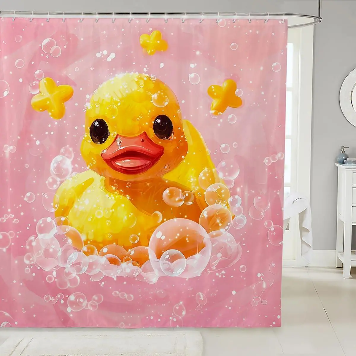 Duck Pink Shower Curtain Set - Yellow Rubber Ducks Bathroom Decor,Duck Lovers Kawaii Bathroom Set,Animal Print Fabric Shower Curtain
