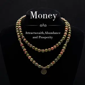Unakite Healing Crystal Stone 108 Mala Beads Handmade Stacked Elastic Money Attraction Bracelet - Natural Stone Mindfulness Long Beaded Wrap  Genuine Gemstone Mala Prayer Beads Lotus Buddha Charm Yoga Japamala Jewelry Necklace f,  Lotus Pendant,