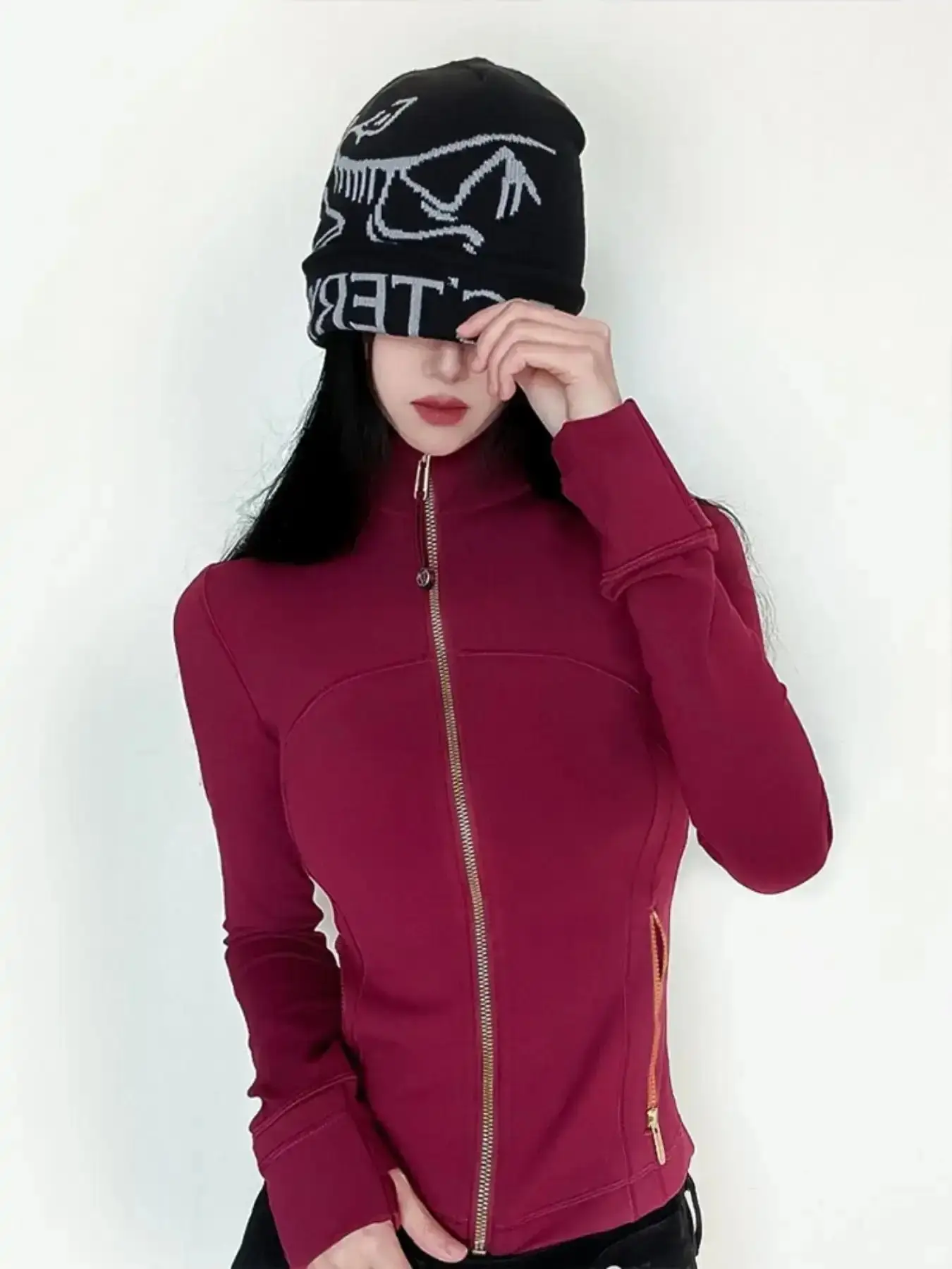 Women's Contemporary running, sports, yoga wear, zip front jacket, gold zipper, stand collar, top, outerwear, Workout, effortless layering, chic everyday, refined casual, versatile piece