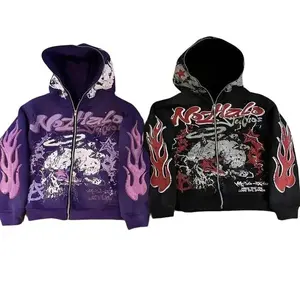 Flame Graphic Full Zip Hoodie: Harajuku Street Fashion Y2K Jacket - Retro Sportswear