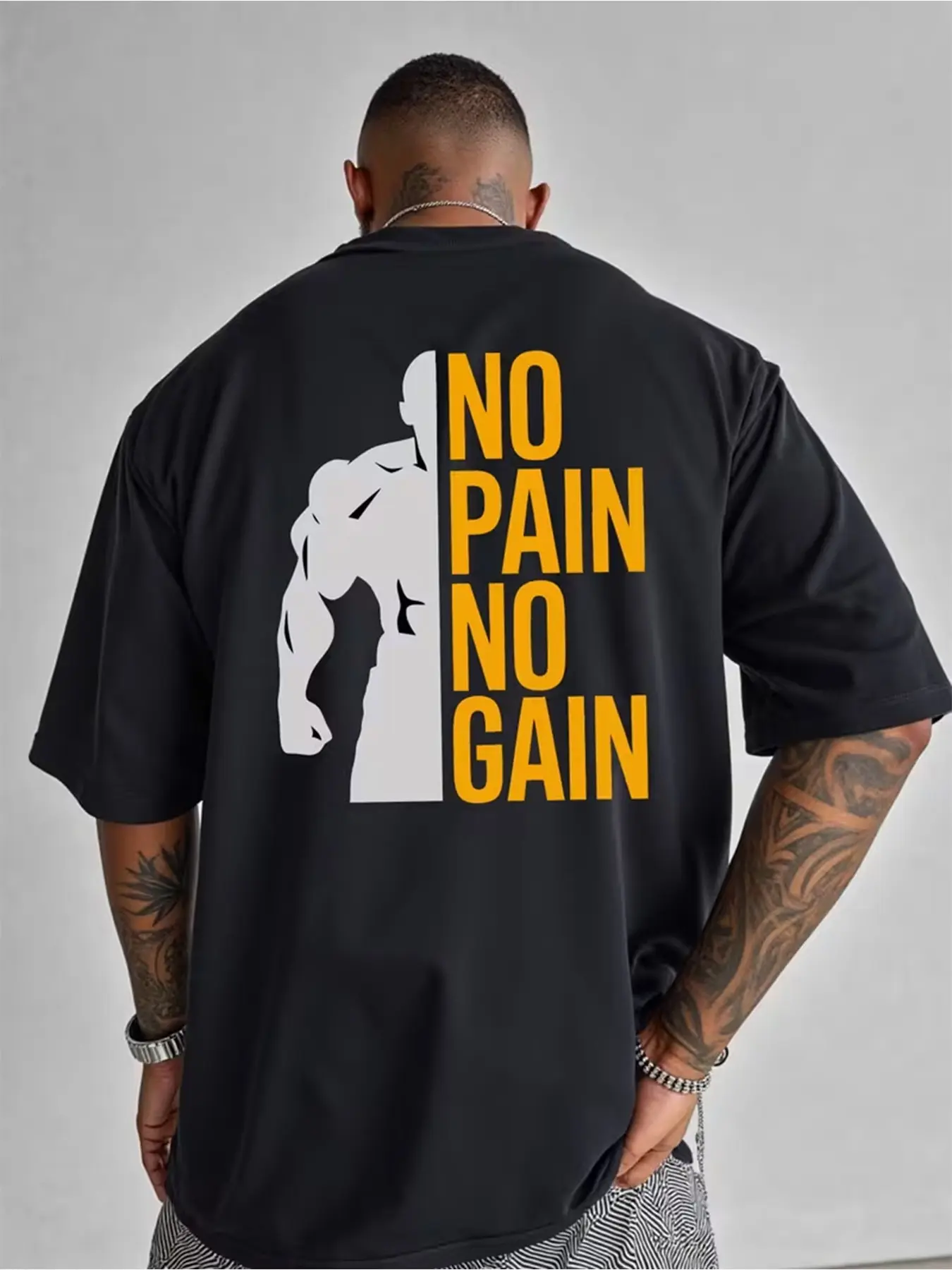 Men's Oversized Gym T Shirt, No Pain No Gain Graphic Workout Tee, Breathable Short Sleeve Bodybuilding Shirts, Casual Streetwear Activewear Clothes Athletic Apparel, Athletic Tops for Training Fitness Running
