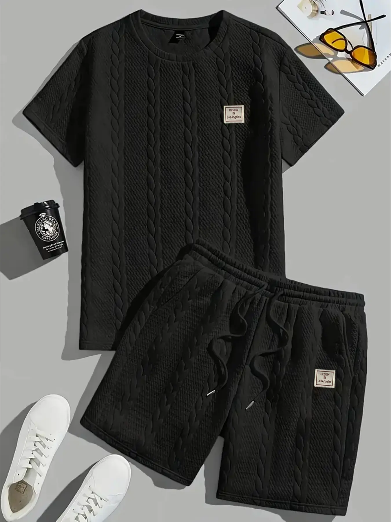 Men's Sportswear Two-Piece Set, sweatsuit sets, Matching Workout Set, Workout Sets, Wheat Grain Texture Short Sleeve T-Shirt & Shorts, Casual Daily Wear Outdoor Activities