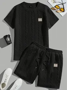 Men's Sportswear Two-Piece Set, sweatsuit sets, Matching Workout Set, Workout Sets, Wheat Grain Texture Short Sleeve T-Shirt & Shorts, Casual Daily Wear Outdoor Activities
