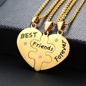 OIDEA Best Friends Forever Stainless Steel Puzzle Pendant Necklace Set of 3, BFF Matching Jewelry, Polished Friendship Gift for Women Girls