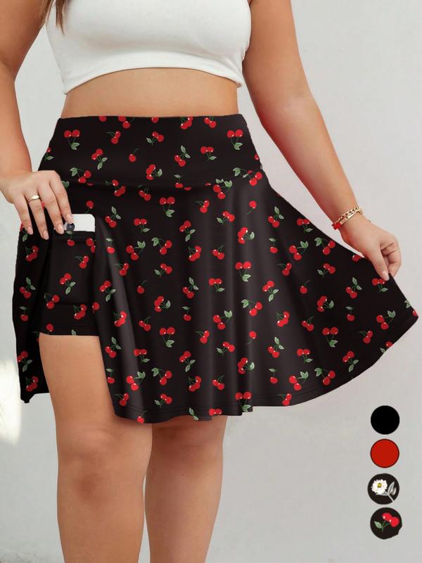【Plus Size】 Solid / Ditsy Floral Print Pocket Design Skort, Fashion Casual Cute 2 in 1 Short Skirt for Daily Outdoor Wear, Women Plus Clothing for Summer，napkin skirts