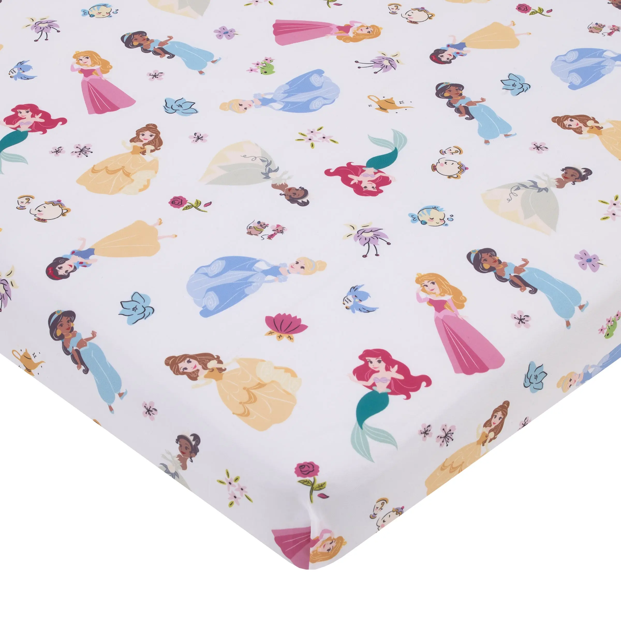 Disney Princess Pink, Blue, Yellow, and White Super Soft Nursery Fitted Mini Crib Sheet