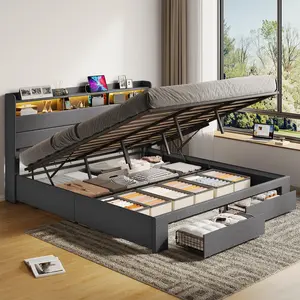 King Size Lift Up Storage Bed, RGB Lighted Storage Headboard with Charging Station, King Bed Frame with 2 Drawers, Hydraulic Support, No Box Spring Needed, Noise-Free, Gray