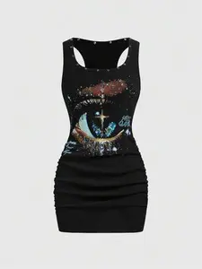 LUNESSIA Grunge Punk Women's Retro Baddie Unisex Streetwear Starry Sky & Star Rivet Print Bodycon Mini Dress