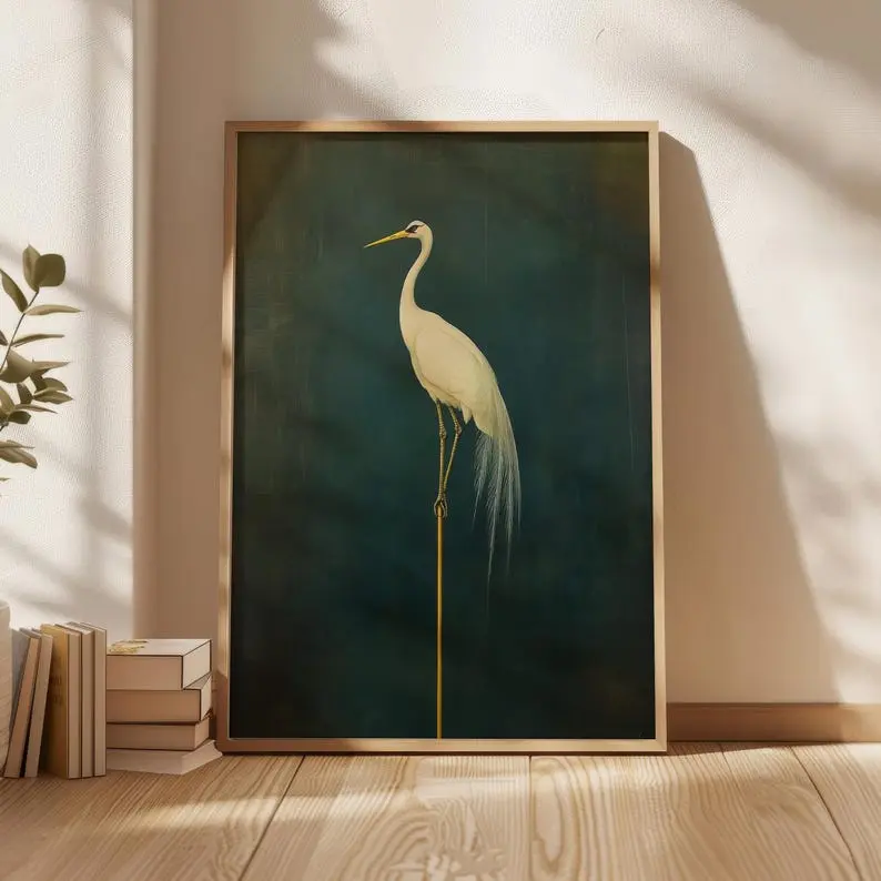 Crane Print, Vintage Bird Prints, Japanese Crane Painting, Antique Japanese Wall Art, Maximalist Art, Japandi Wall Decor, Green Decor - No Frame