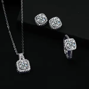 Women's Elegant Square Shaped Jewelry Set Pendant Necklace Earrings Ring Bridal Statement Accessories for Party Wedding