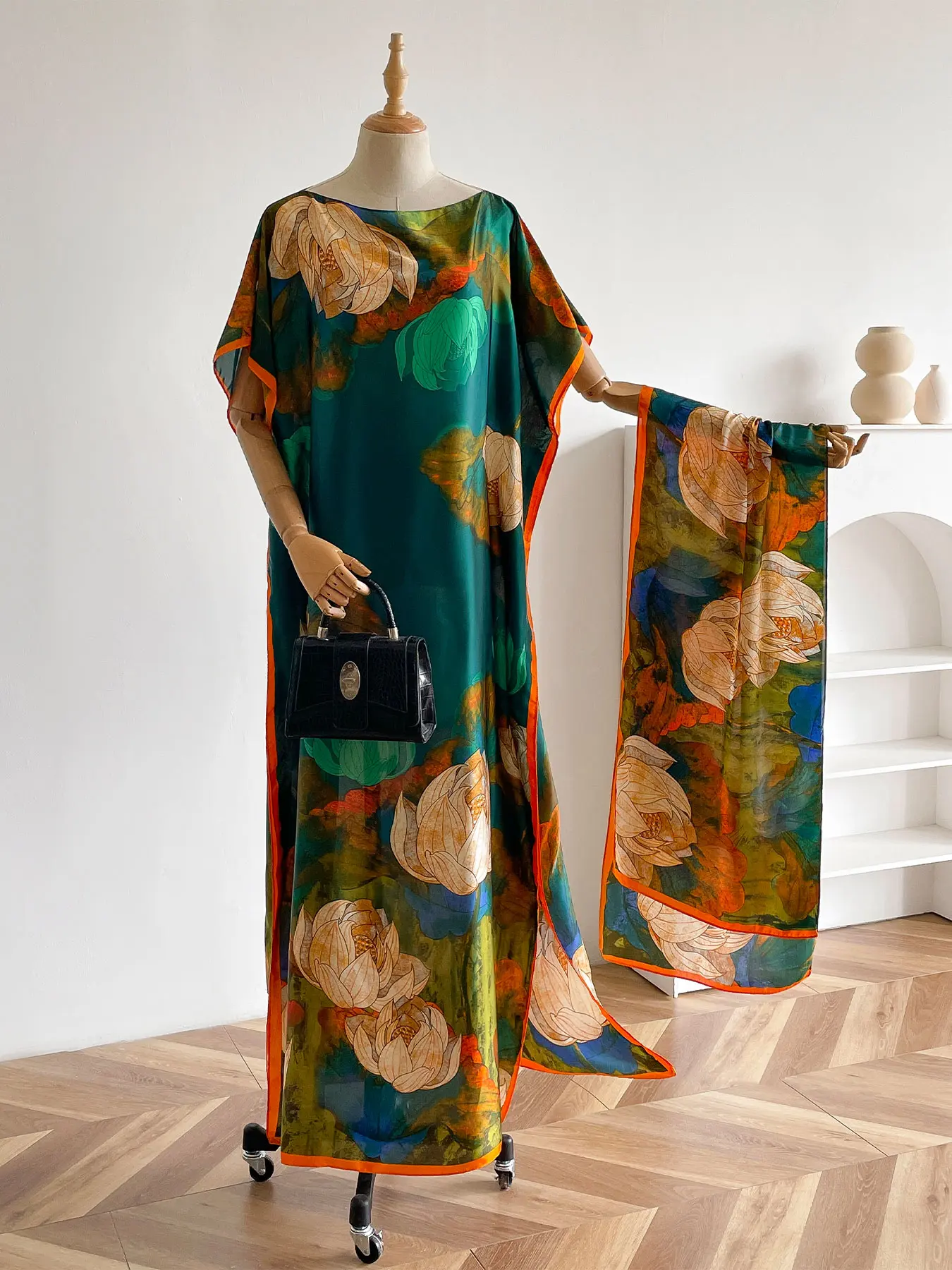 Women's Casual Floral Print Shawl Scarf, Long Abaya Robe with Scarf, Spring Summer Mosquito Repellent, Dustproof for Dry Areas, Floral Pattern Shawl, Boho Style Scarf
