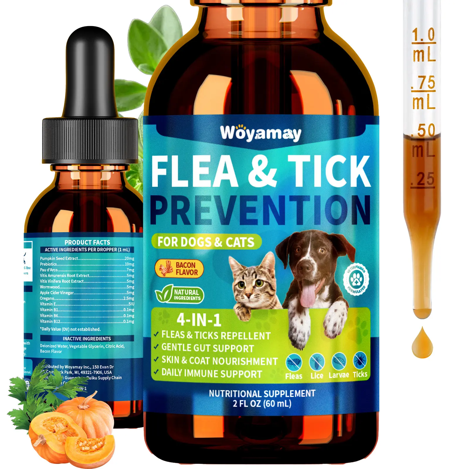 Woyamay Flea & Tick Prevention Omega-3 Vitamin Drops for Dogs & Cats Plant-Based Formula Bacon Flavor Liquid Food for Gut Health Skin Coat Nourishment Immune Support DealsForYouDays summerwins