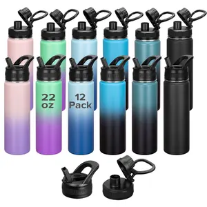 FASTSUB 22 oz Powder Coated Skinny Water Bottle with Double Lid 12 Pack, Double-wall and Vacuum Insulated Stainless Steel Engravable Blank for Laser  Engraving and UV