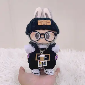 17cm Labubu Doll Clothes Set 6PCS – Fashion Hat, Glasses, denim overalls, Shoes & Necklace Accessories (Labubu Not Included)