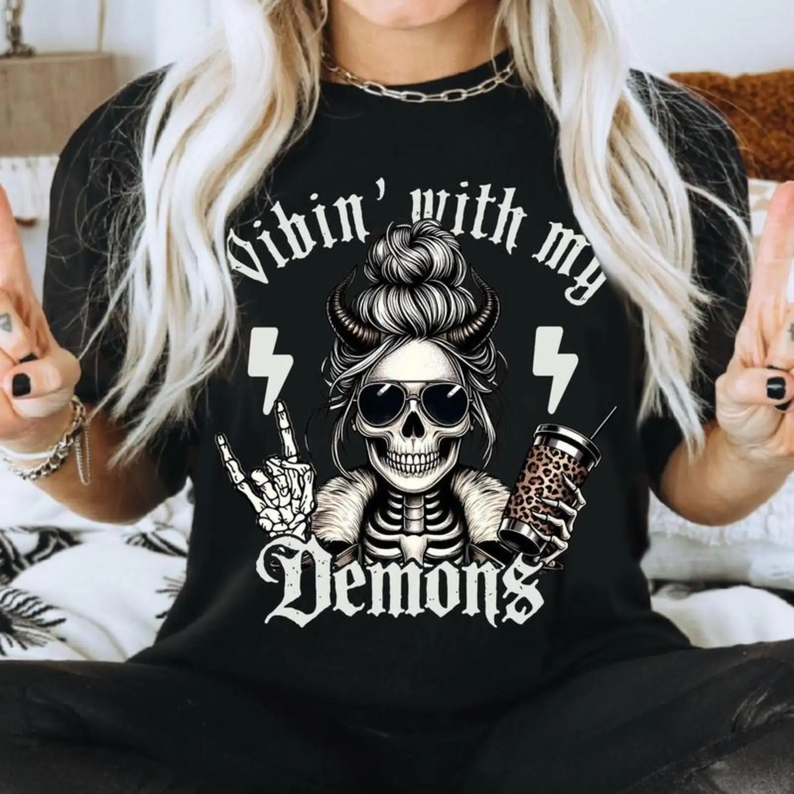 Women's Gothic Skeleton Printed T-Shirt - Casual Comfortable Fabric Piece, "With My Demons" Dark Humor Proverbs, Check Print, Soft Breathable Short-Sleeve Streetwear Sports Top