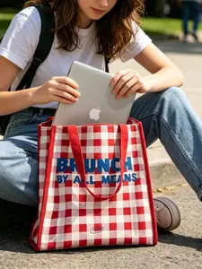 French Plaid Colorblock Crossbody Bag, New Unique Checkered Dopamine Canvas Bag, Large Capacity Tote for Office Workers, Blue Plaid Canvas Bag