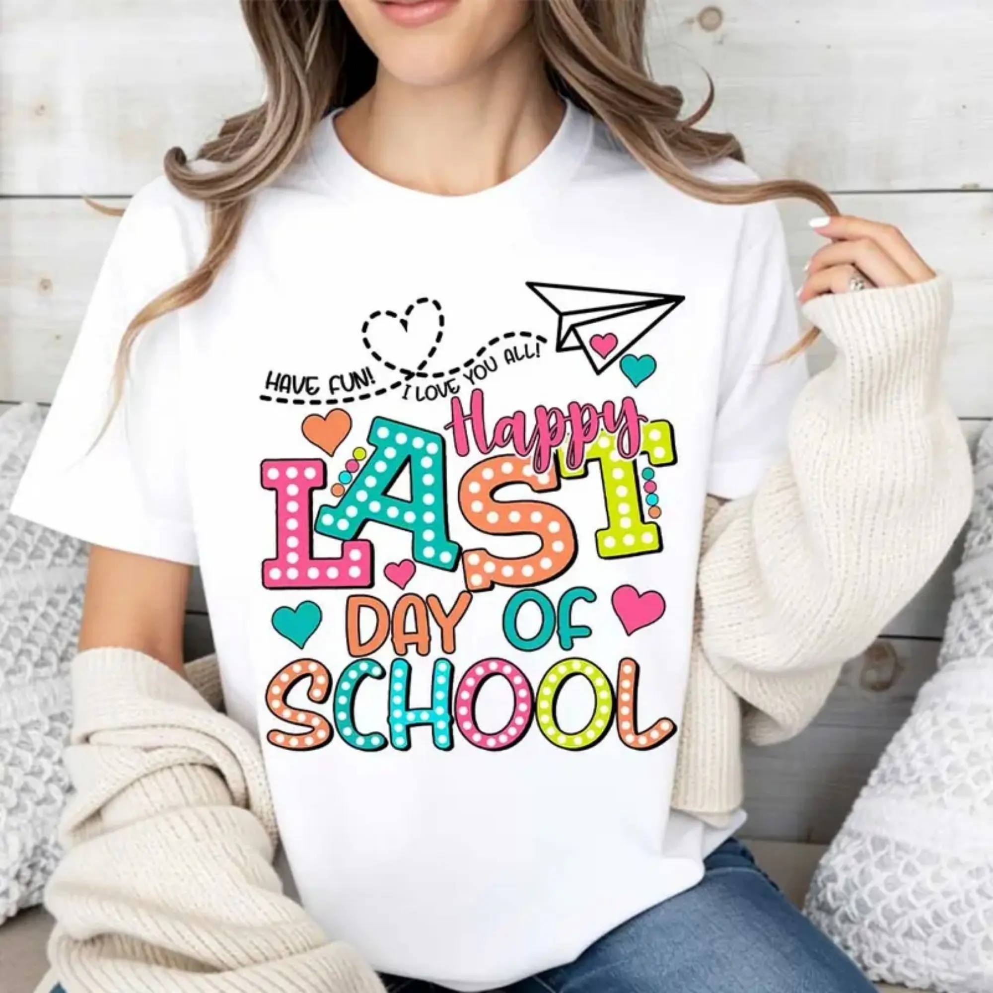 Happy Last Day Of School Print T Shirt White Casual Short Sleeve Tee For Women School Celebration Party Wear