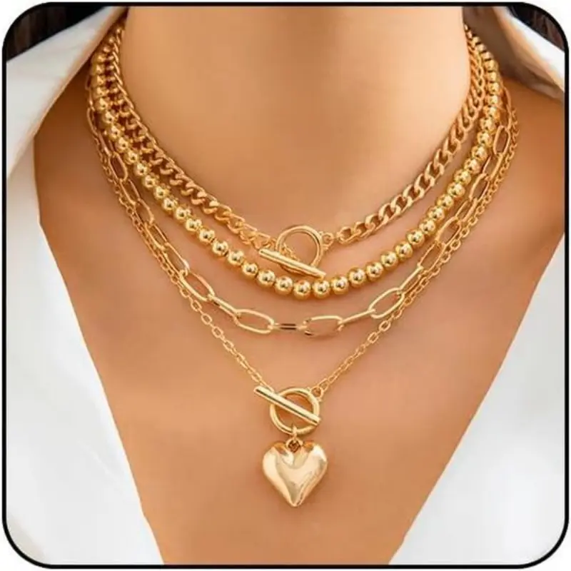 Chunky Gold Necklace Non Tarnish Gold Layered Necklaces for Women Paperclip Chain Necklace Big Heart Pendant Necklace Gold Necklace Stack Gold Jewelry Set