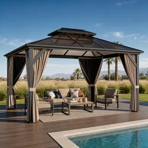 10' x 13' Khaki Hardtop Gazebo, Polycarbonate Double Roof & Aluminum Frame, Permanent Pavilion with Curtains & Netting for Patio & Backyard