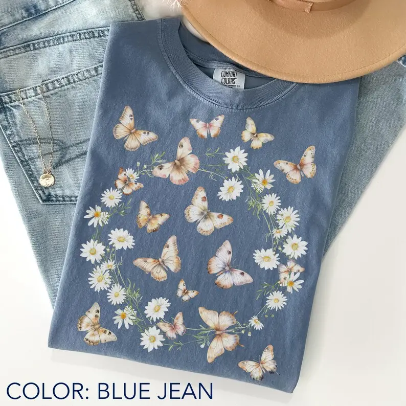Comfort Colors Daisy Flower Butterfly TShirt, Cottagecore Floral Tee, Botanical Wildflower T-Shirt, Nature TShirt, Garden Tee, Birth Flower Gift