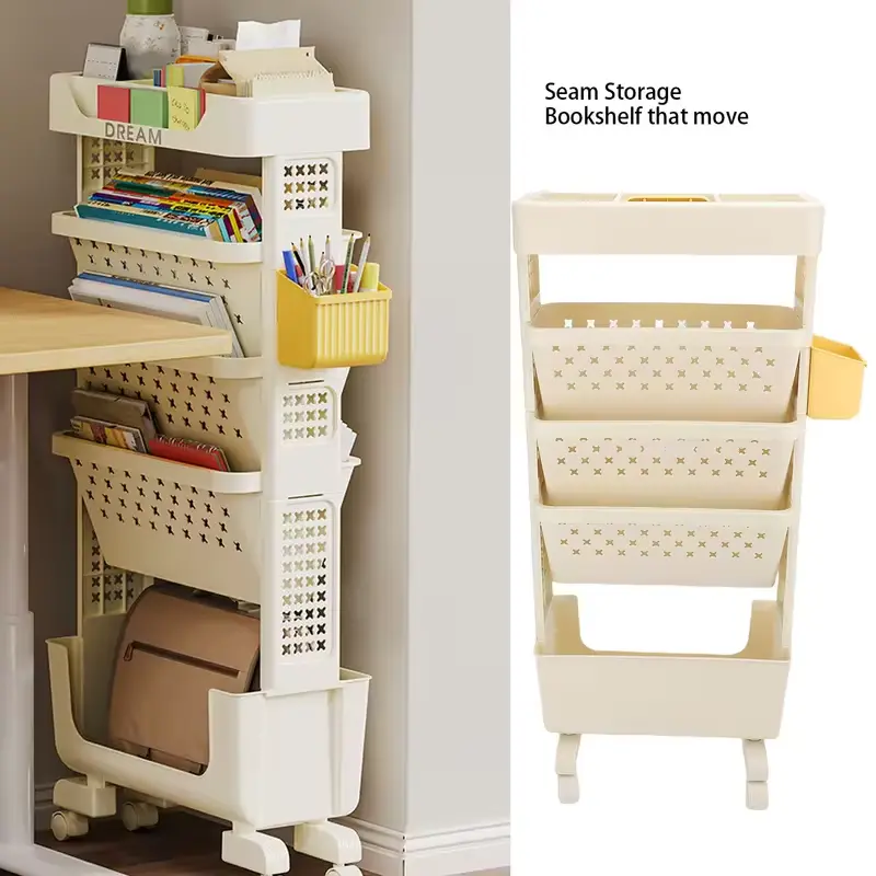 Rolling Book Cart 5 Tier PP Multi Functional Movable Storage Book Rack Utility Organizer Bookshelf with Lockable Casters for Stu