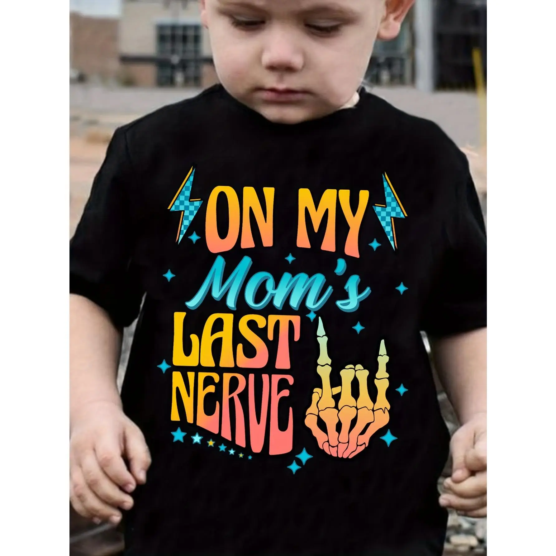 ON MY MOM'S LAST NERVE& Cartoon Lightening& Skeletal Hand Graphic Print Tee, Boys' Casual& Trendy Crew Neck Short Sleeve T-shirt For Spring& Summer, B