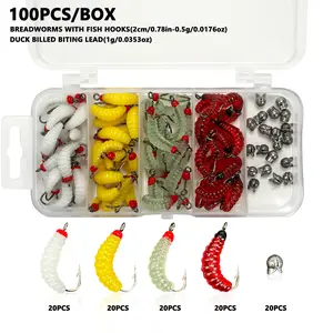 100pcs silicone artificial maggot bait with hook, fly fishing maggot and grub bait, 1g duckbill bite lead bait, trout bait and fishing gear, Fishing Lures
