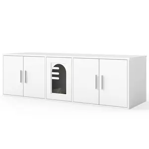 COSTWAY - Cat Litter Box Enclosure for 2 Cats with Double Rooms and Sisal Scratching Mat-White