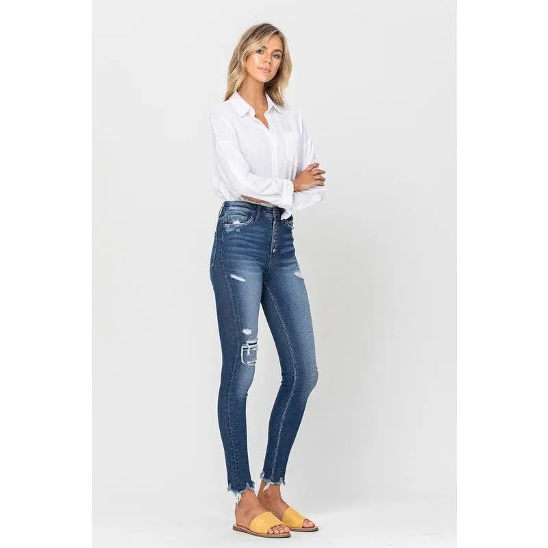 HIGH RISE PATCHED BUTTON UP RAW HEM ANKLE SKINNY Comfort Jean