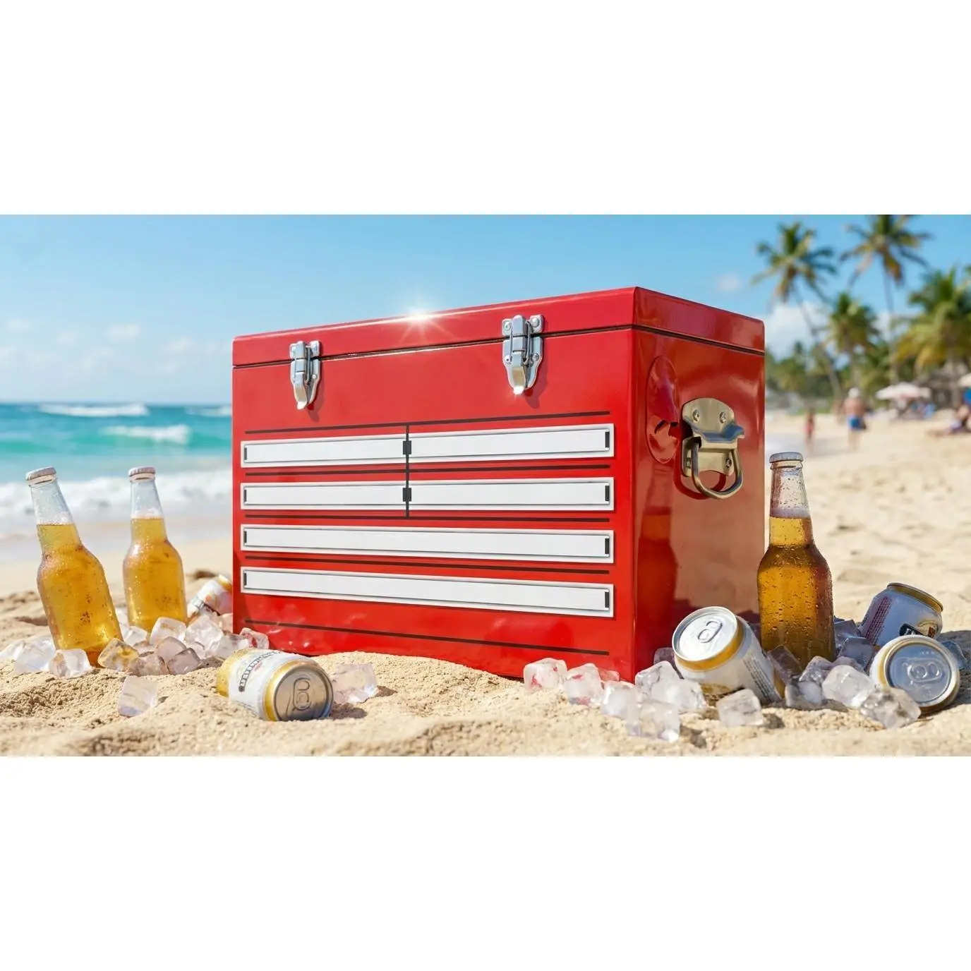 Yakimoto Nostalgia Series 21 Qt. Retro Industrial Toolbox Style Metal Cooler - 20L Portable Red Ice Chest for Camping, Tailgating & Garage