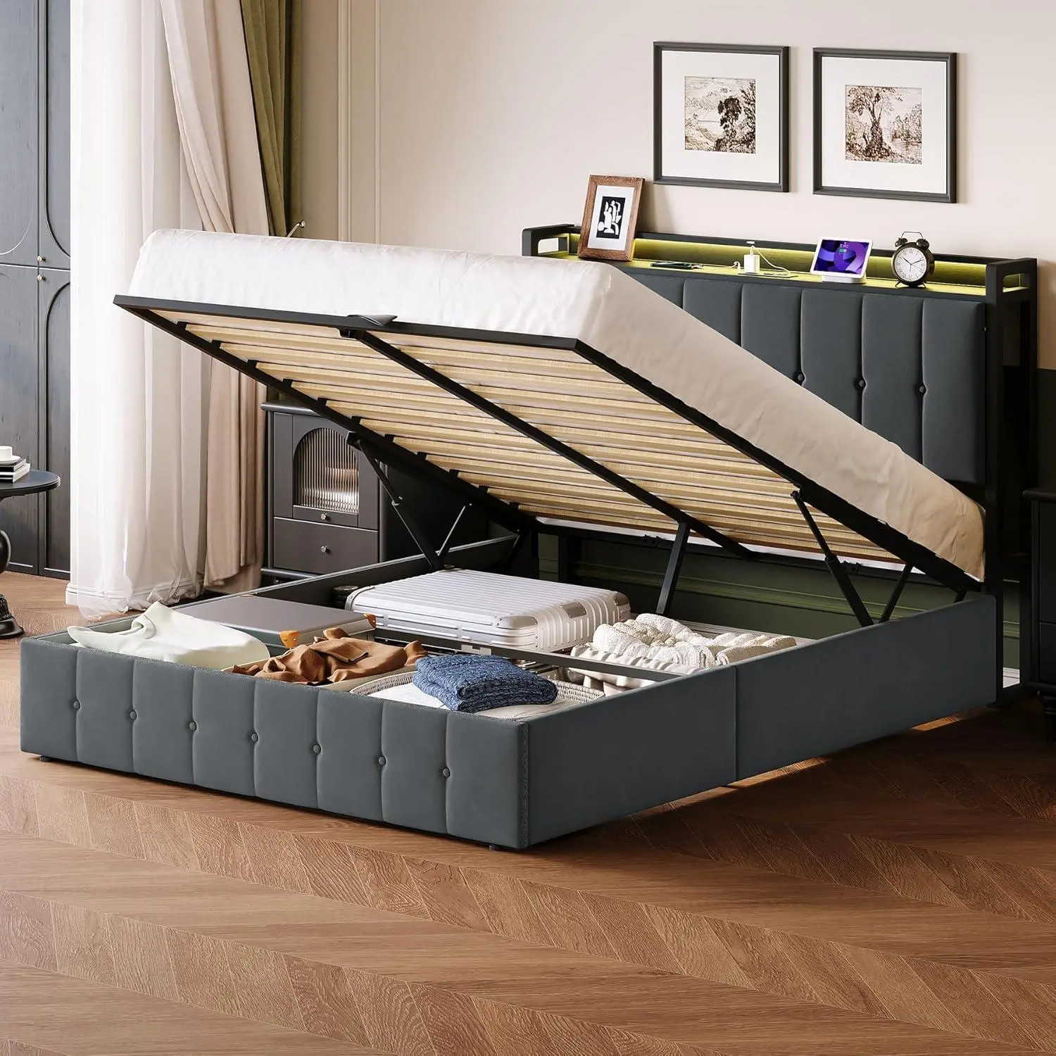 Upholstered Queen Storage Bed Frame with Hydraulic Lift, Button-Tufted Headboard with Charging Ports & Noise-Free Heavy Duty Support