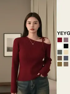 Autumn Winter Loose Plain Bow Tie Cutout Long Sleeve Slim Fit Casual Style Women Sweater, Elegant Fashionable Versatile Knitwear