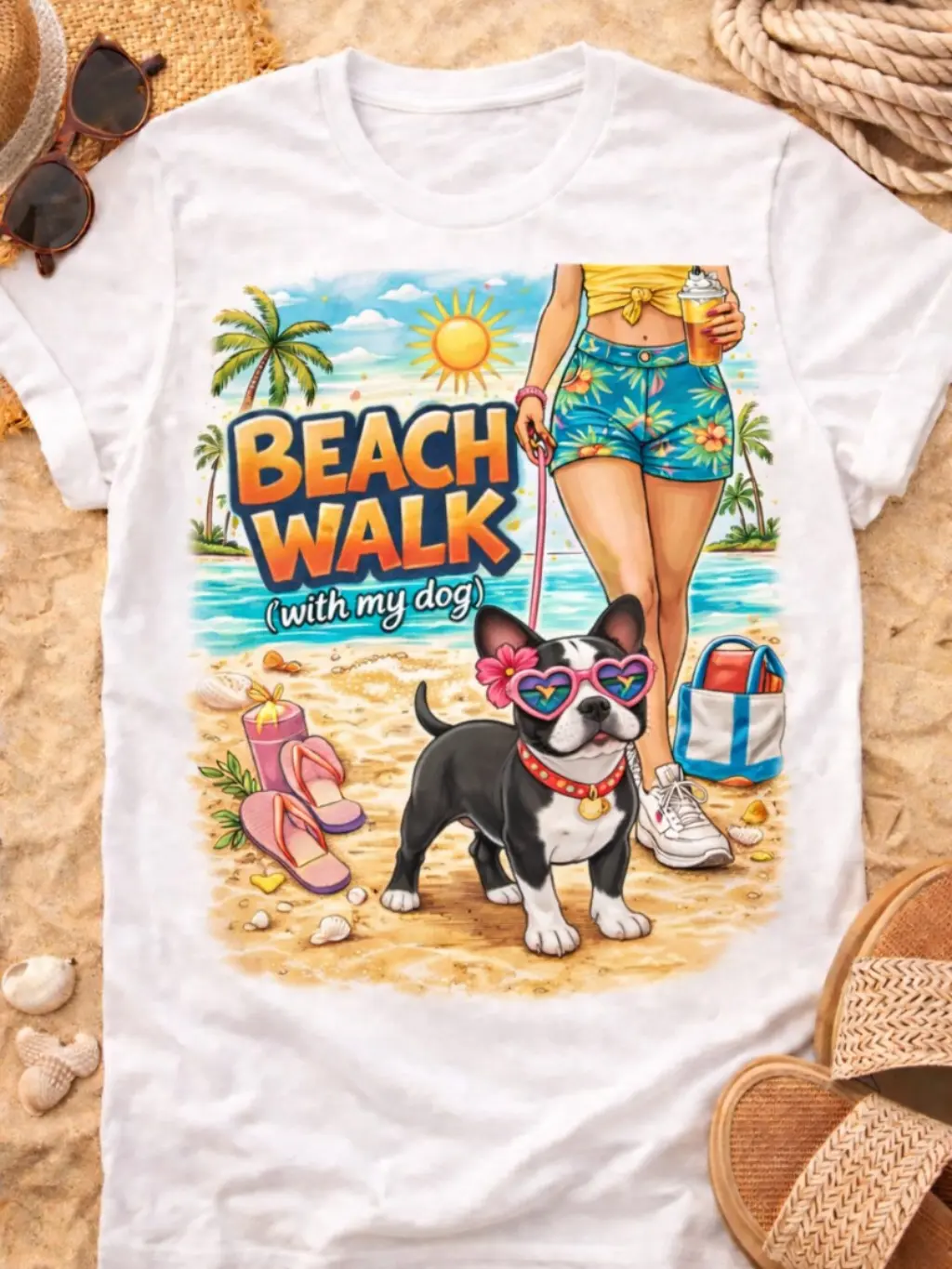 BossTon Apparel Co. Lady's Fit Round Neck Short-Sleeve Cotton Graphic Tee, Boston Terrier "Beach Walk With My Dog" Design, Heart-Inspired Sunglasses-Friendly Streetwear Top, Shortsleeve, Tshirt, Comfy, Women