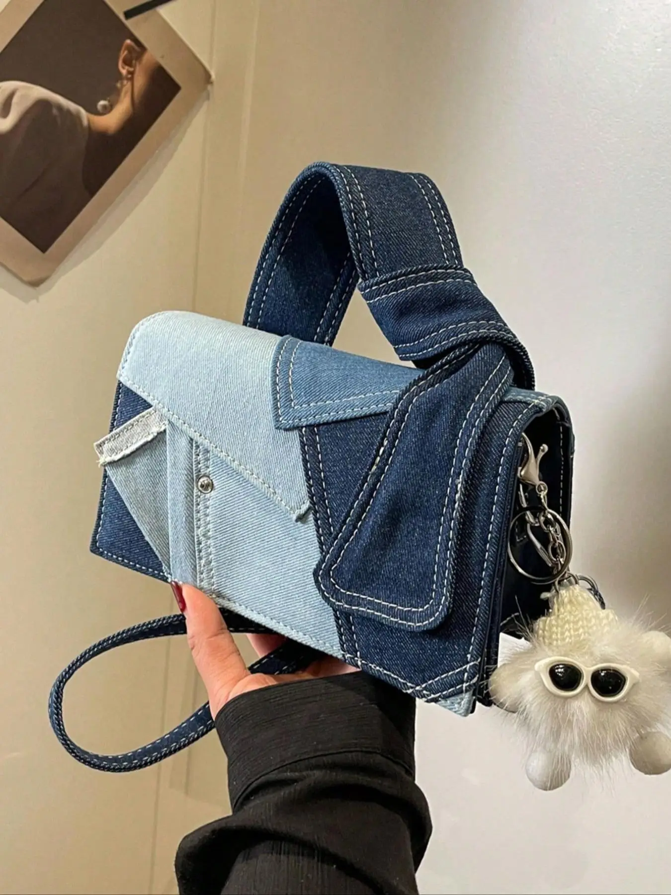 Women's Fashionable Patched Design Handbag with Star Plush Charm, Casual Versatile Purse Crossbody Bag, Trendy All-match Commuter Bag for Daily Used