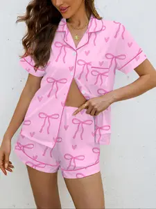 Women's Bow Print Pajama Set, Casual Fitted Shirt & Elastic Shorts, Soft All-Season Sleepwear, Comfortable Home Wear