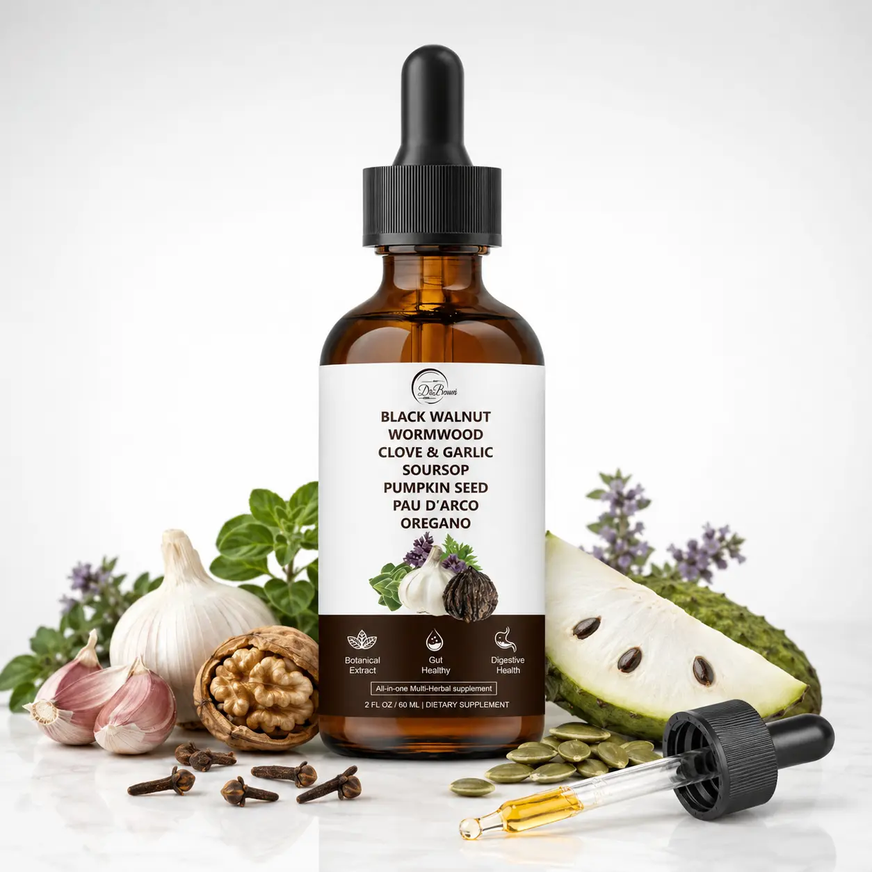 Black Walnut Herbal Liquid Drops with Wormwood, Clove, Soursop, Pumpkin Seed, Garlic & Oregano, 10-in-1 Botanical Extract Blend, Easy-to-Use Dropper Supplement for Everyday Wellness, Convenient Multi-Herb Daily Support, 2 FL OZ / 60 ML