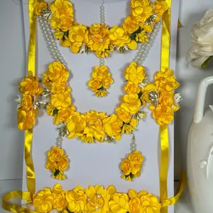 Floral Necklace Set with Earrings, Headpiece, and Hand  bracelet- Yellow Floral Design, Includes Headpiece, Earrings & Hand Accessories