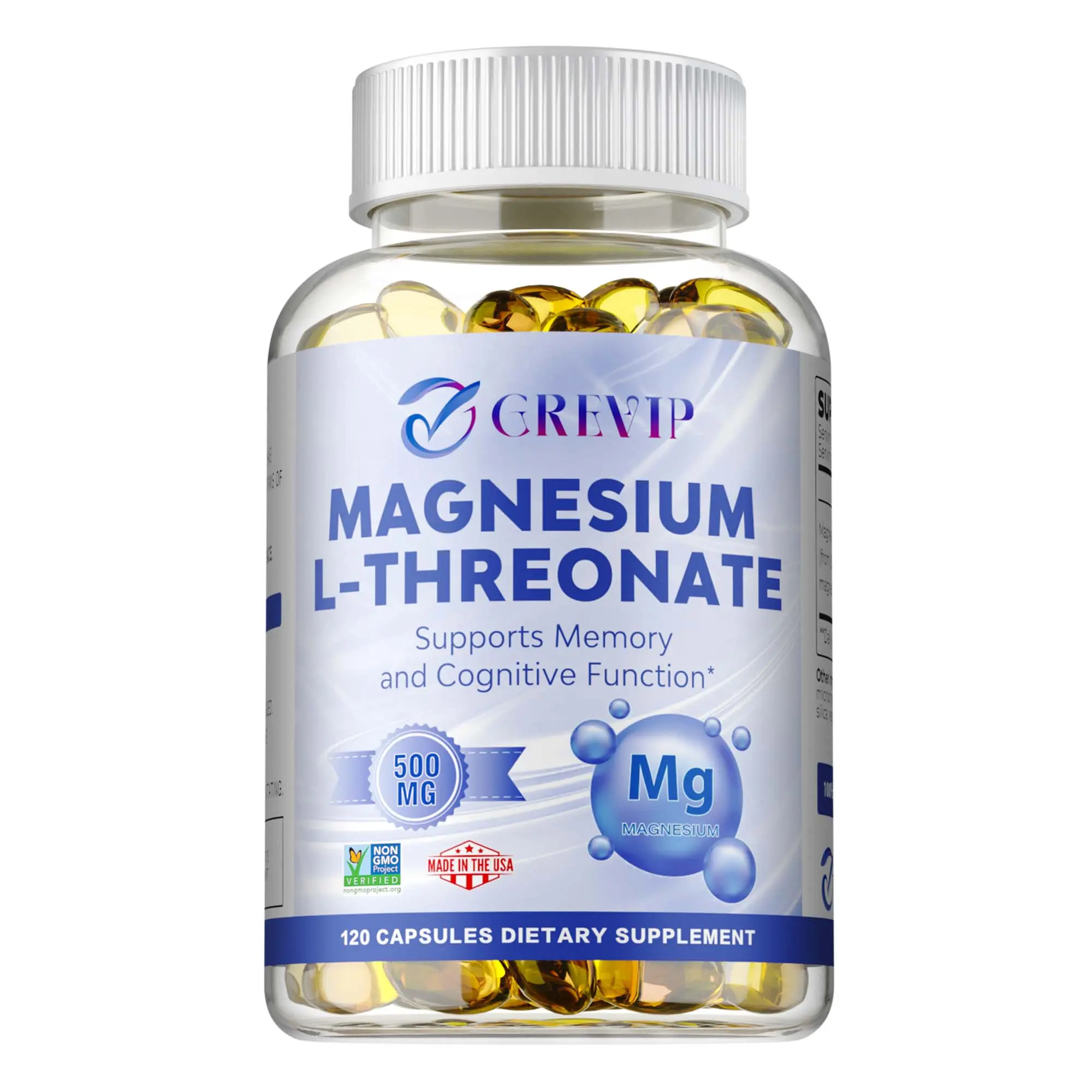 GREVIP bottled 120 L-Threonate Magnesium Dietary Soft Capsules, 500 mg, high content and high absorption, supports brain and memory health, suitable for both men and women.