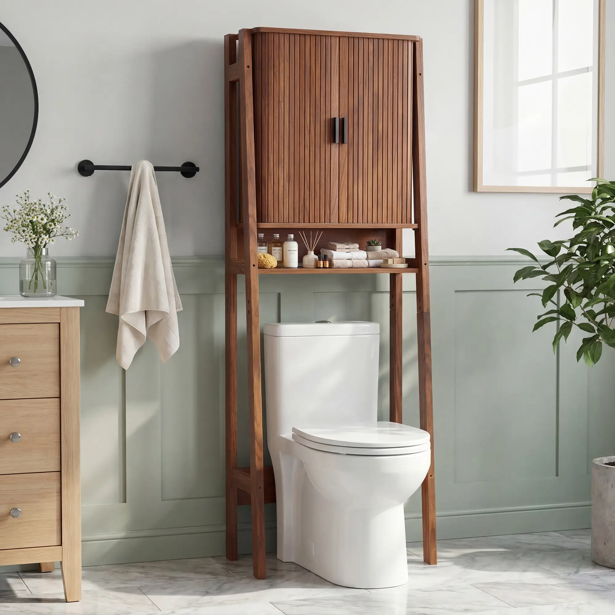 Giratree 66.93” Over The Toilet Storage Cabinet, Mid Century Modern Bathroom Organizer with Fluted Doors, Freestanding Wooden Space Saver Stand with Adjustable Shelves for Laundry