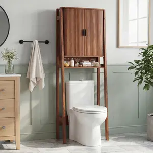 Giratree 66.93” Over The Toilet Storage Cabinet, Mid Century Modern Bathroom Organizer with Fluted Doors, Freestanding Wooden Space Saver Stand with Adjustable Shelves for Laundry