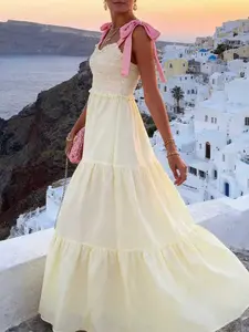 Summer New French Vacation Style Backless Long Fitted Dress, Pure Color Contrast Bow Big Flowy Swing Dress, Women's Casual Fashion