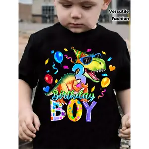TX7009 Boys' 3rd Birthday BOY Dinosaur Print Trendy Versatile T-Shirt