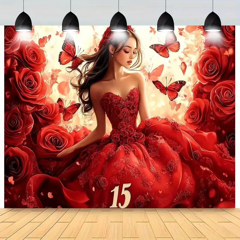 Elegant Red Rose & Butterfly Prints Modern Polyester Party Backdrop - Stainresist Textile Decor with Gown Illustration, Banners, Ornaments, No Power Needed, Ideal for Weddings, Special Events