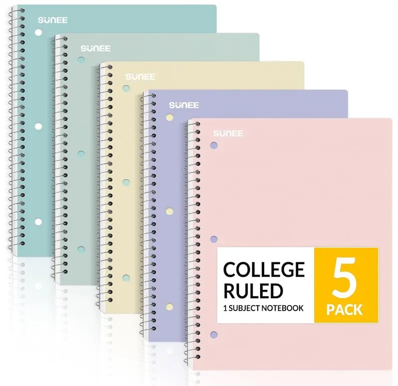 SUNEE Spiral Notebooks, 1-Subject, 5 Pack, College Ruled Paper, 8