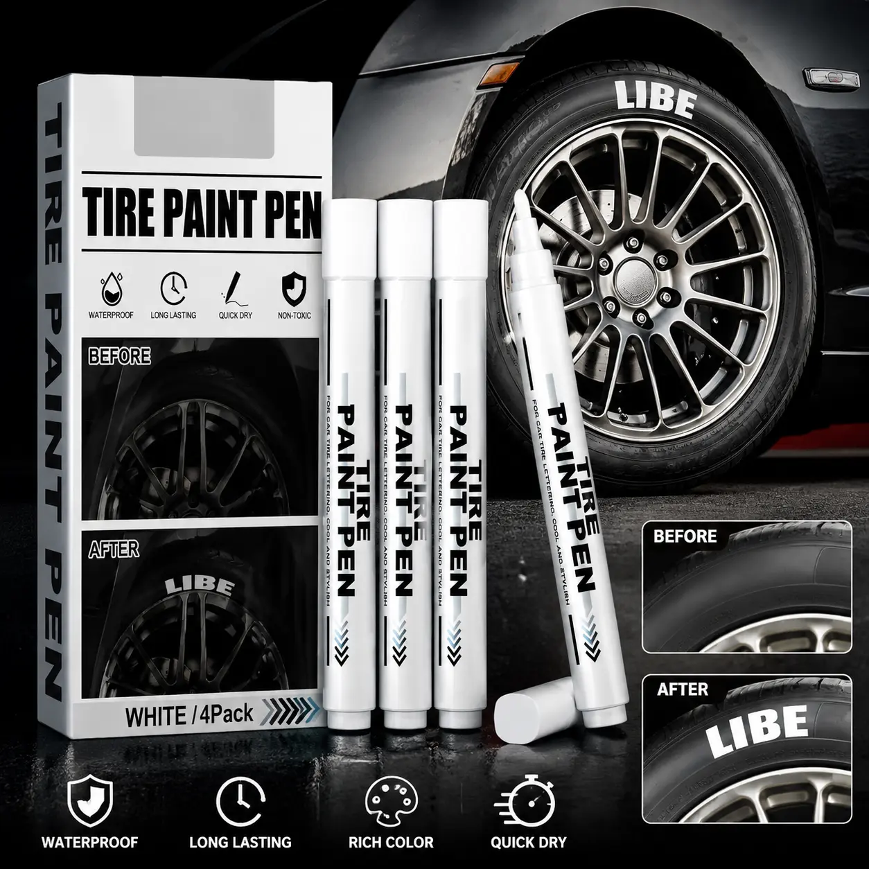 4-Pack Oil-Based Waterproof White Marker Pens, Auto Rubber Tire Tread Graffiti & Tracing Tool