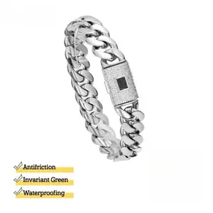 14mm Miami Cuban Link Bracelet Boasts New Signature Silver ‘S’-shaped Lock, Precision Electroplated Finish for Waterproof, Rust-Resistant Wear; Ideal for Family Casual & Entertainment Occasions; Available in 7.5” / 8.5” Sizes N