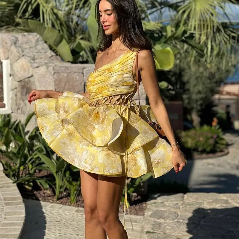 Single shoulder waist ginger grid hollow