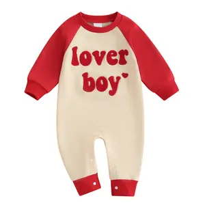 Newborn Baby Boy Valentines Day Outfit Lover Boy Embroidery Sweatshirt Bubble Romper Oversized Onesie Long Sleeve Jumpsuit Outfits