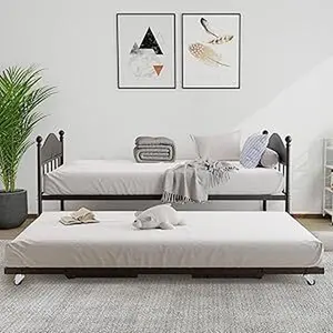 Gaomon Twin Daybed with Sturdy Metal Foldable Trundle, Stylish Headboard - Multi-Functional Trundle Bed, Sofa Bed for Living Room, Bedroom, A Trundle Bed