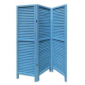 HomeRoots 274704 Finish Wood Shutter 3 Panel Room Divider Screen, Blue